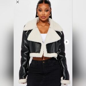 Cropped Black Faux Leather Sherpa Jacket with Cream Lining